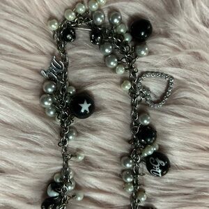 D & G Dolce & Gabbana Black Rhinestone Heart Pearl Charm Necklace Y2K Necklace